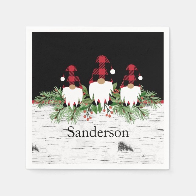 Black Merry Christmas Red Buffalo Plaid Gnome  Napkin (Front)