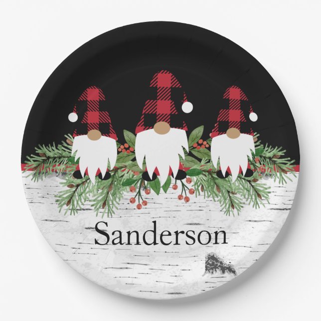 Black Merry Christmas Red Buffalo Plaid Gnome  Paper Plate (Front)
