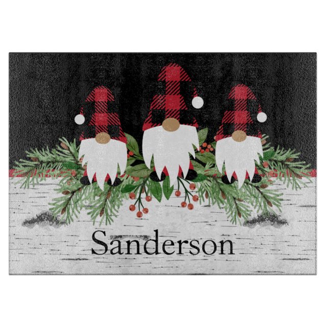 Black Merry Christmas Red Buffalo Plaid Gnome Rec, Cutting Board (Front)