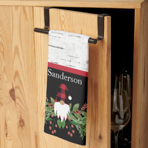 Black Merry Christmas Red Buffalo Plaid Gnome Tea Towel