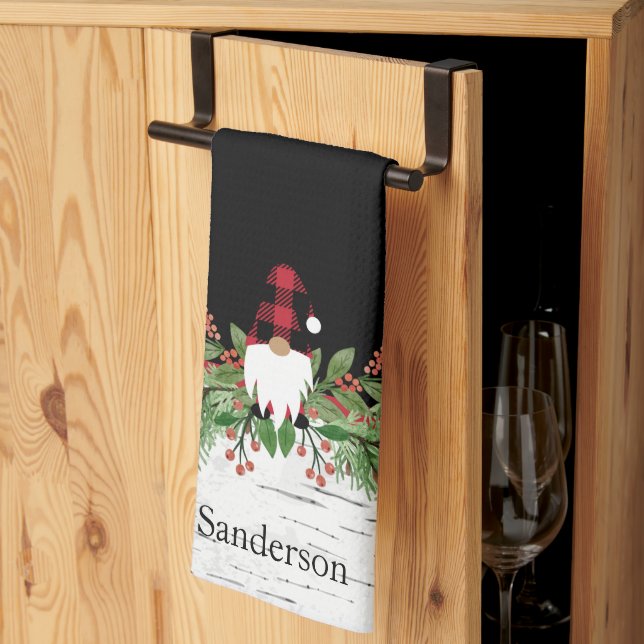 Black Merry Christmas Red Buffalo Plaid Gnome  Tea Towel (Thirds Fold)