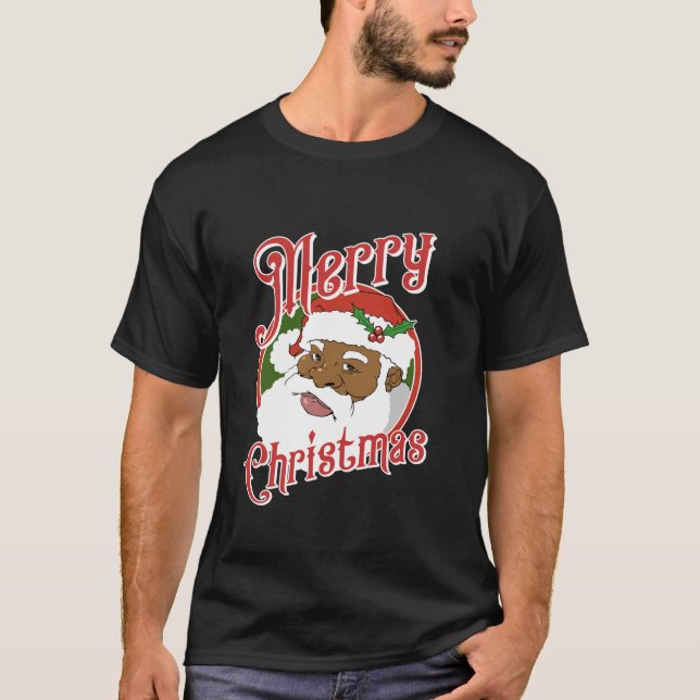 Black Merry Christmas Santa Claus  T-Shirt (Front)
