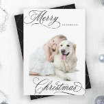 Black Merry Christmas Script Minimal Photo Holiday Card<br><div class="desc">Elegant and romantic swirly calligraphy lettering with a photo and a seamless pattern on the back. For more advanced customisation of this design,  please click the BLUE DESIGN TOOL BUTTON above!</div>