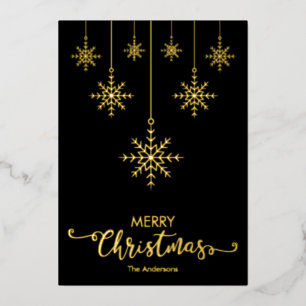 Black Merry Christmas Snowflakes Gold Foil Holiday Card