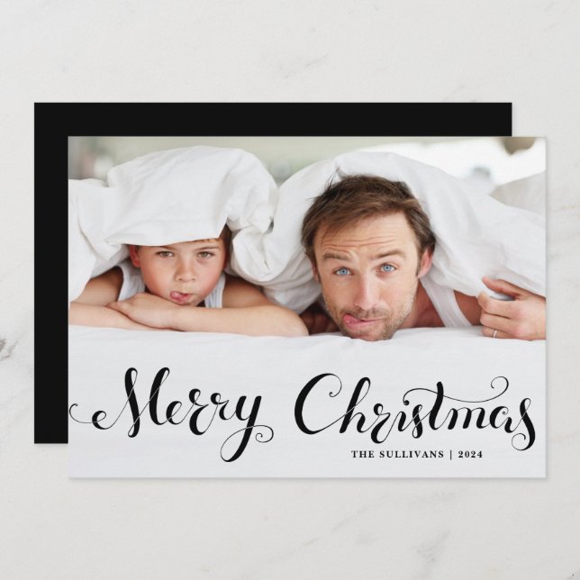 Black Merry Christmas Whimsical Script Photo Holiday Card (Front/Back)