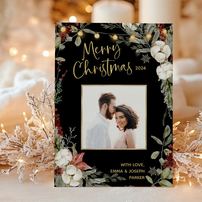 Black Merry Christmas | Winter Floral and Photo Holiday Card (Creator Uploaded)