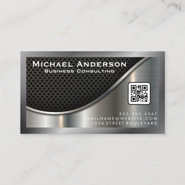 Black Mesh and Metallic Silver | QR Code Business Card (Front)