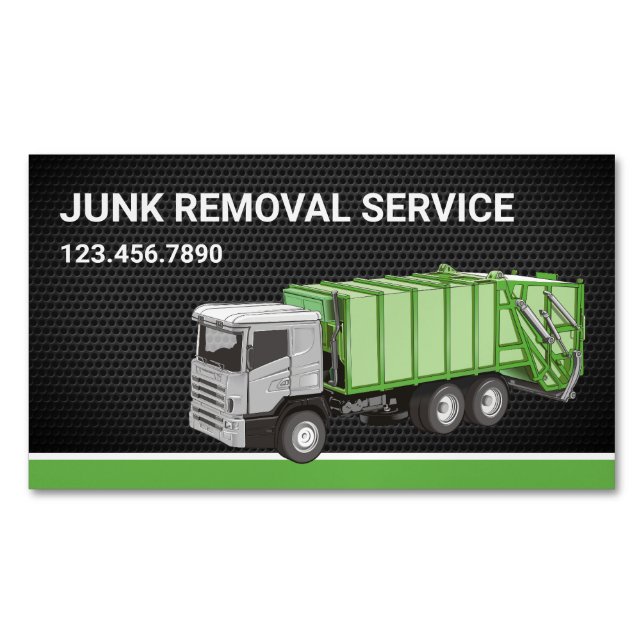 Black Mesh Junk Removal Service Garbage Truck Magnetic Business Card (Front)
