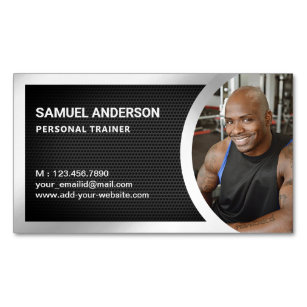 Black Mesh Silver Fitness Personal Trainer Photo Magnetic Business Card
