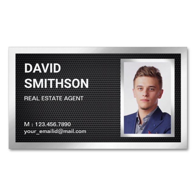 Black Mesh Silver Foil Real Estate Realtor Photo Magnetic Business Card (Front)