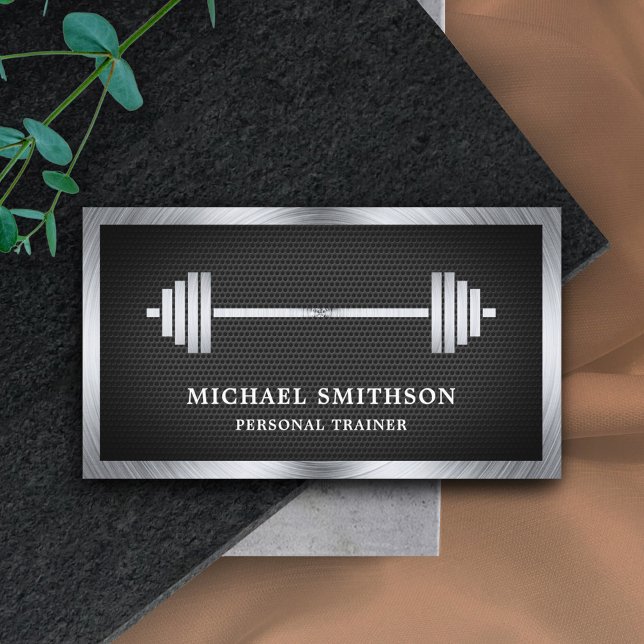 Black Mesh Steel Barbell Fitness Personal Trainer Business Card (Creator Uploaded)