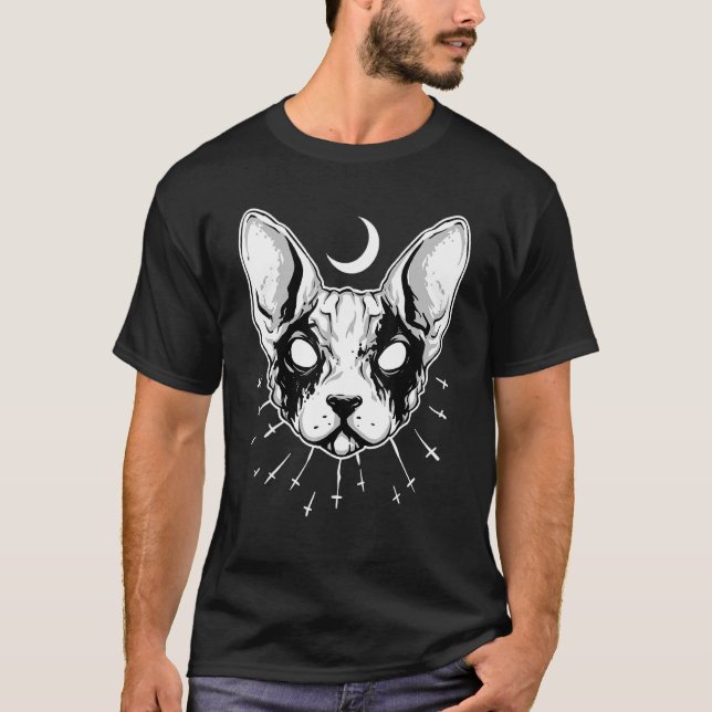 Black Metal Ca Sphynx Cat Death Metal Goth T-Shirt (Front)