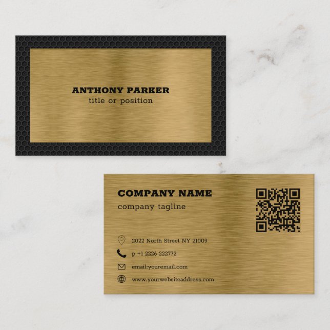 Black Metal Gold Background QR Code Business Card (Front/Back)