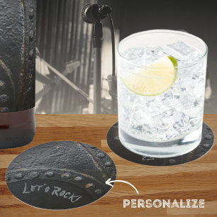 Black metal industrial-style man's party round paper coaster