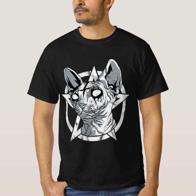 Black Metal Sphynx Cat Goth and Death Metal Sphinx T-Shirt (Front)