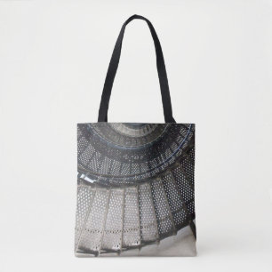 Black metal spiral staircase on a tote bag