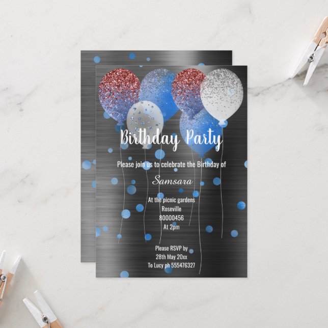 BLACK METALLIC  & BLUE BIRTHDAY BALLOON SPOT  INVITATION (Front/Back In Situ)