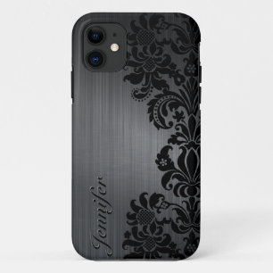 Black Metallic Brushed Aluminium & Floral Damasks iPhone 11 Case