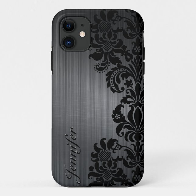 Black Metallic Brushed Aluminium & Floral Damasks Case-Mate iPhone Case (Back)