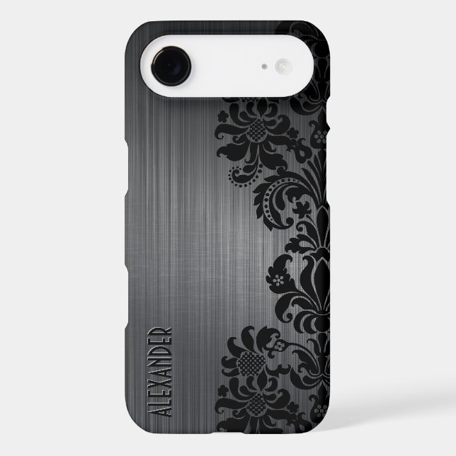 Black Metallic Brushed Aluminium & Floral Damasks Case-Mate iPhone Case (Back)