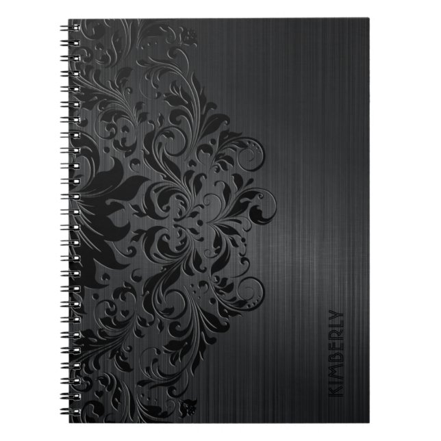 Black Metallic Brushed Aluminium & Floral Lace  Notebook (Front)