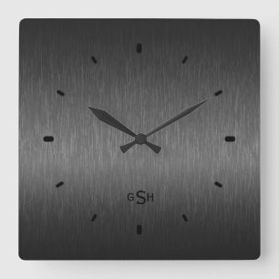 Black Metallic Design Brushed Aluminium Look Square Wall Clock