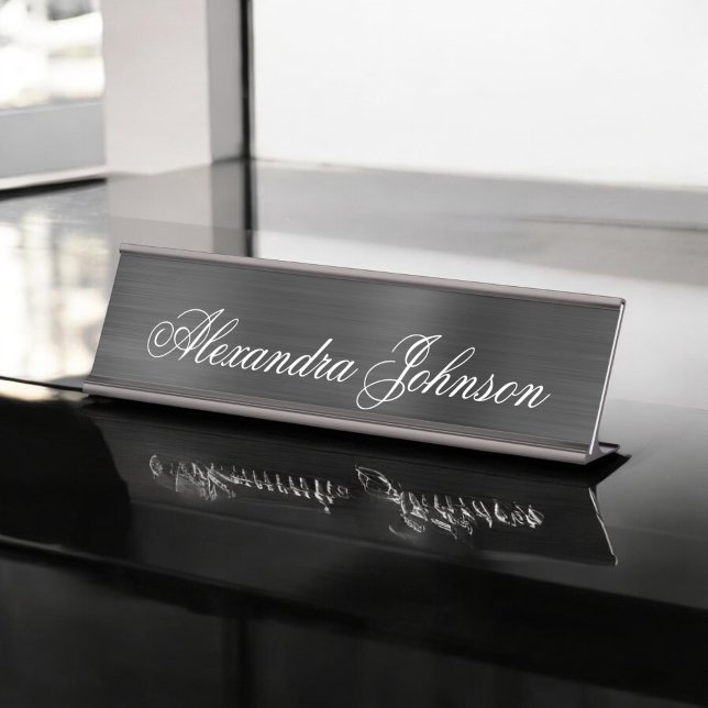 Black Metallic Foil Modern Elegant Business Desk Name Plate (Creator Uploaded)