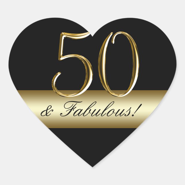 Black Metallic Gold 50th Birthday Heart Sticker (Front)