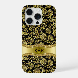 Black & Metallic Gold Floral Damasks Monogramed iPhone 15 Pro Case