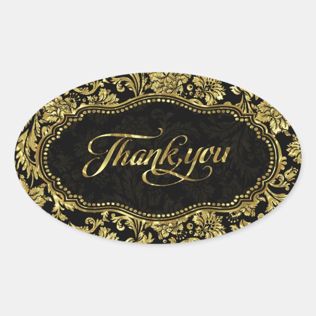 Black & Metallic Gold Floral Damasks Thank You Oval Sticker (Front)