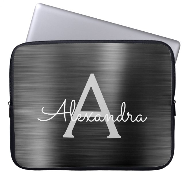 Black Metallic Modern Stainless Steel Monogram Laptop Sleeve (Front)