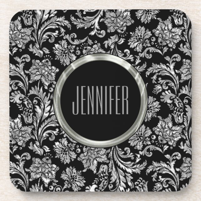 Black & Metallic Silver Damasks Coaster (Front)