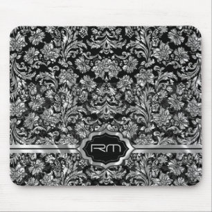Black & Metallic Silver Floral Damasks Monogramed Mouse Pad