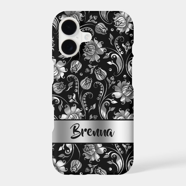Black & Metallic Silver Grey Damask Pattern (Back)