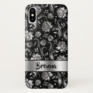 Black & Metallic Silver Grey Damask Pattern iPhone X Case