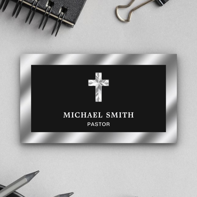 Black Metallic Steel Jesus Christ Cross Pastor Business Card (Creator Uploaded)