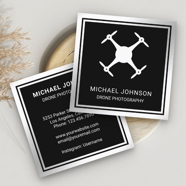 Black Metallic Steel Modern Drone Photography Square Business Card (Creator Uploaded)