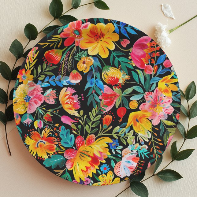 Black Mexican Bright Floral Fiesta Paper Plate (Creator Uploaded)