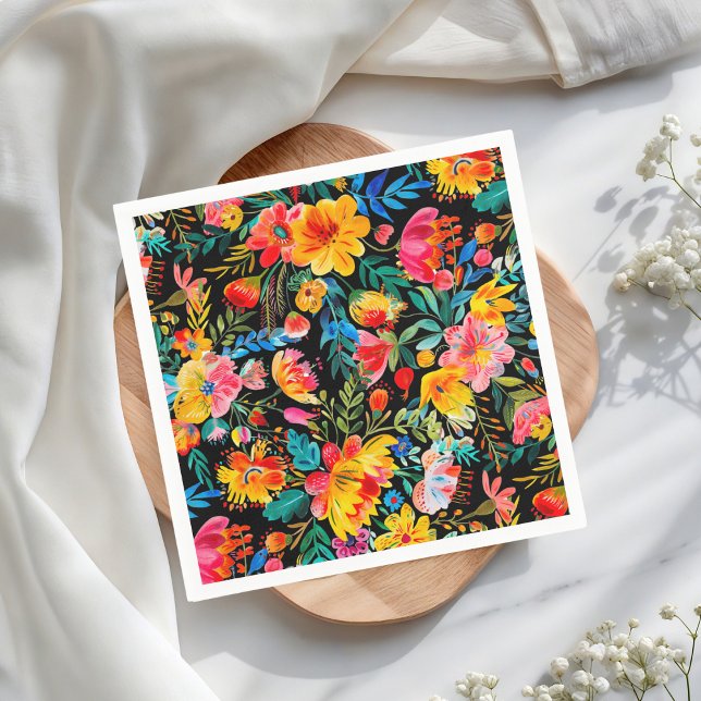 Black Mexican Bright Floral Fiesta Party Napkin (Creator Uploaded)