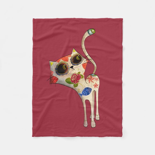 Black Mexican Day of The Dead Cat Fleece Blanket (Front)