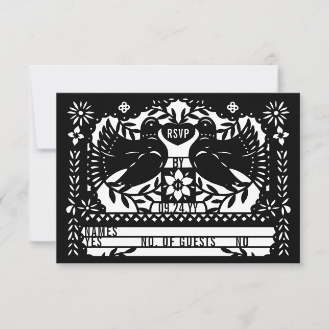 Black Mexican Fantail Doves Papel Picado RSVP Card (Front)