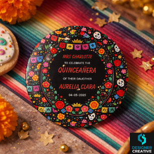 Black Mexican Fiesta Floral Gold Tiara Quinceañera 3 Cm Round Badge