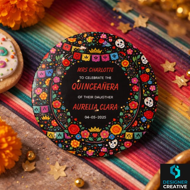 Black Mexican Fiesta Floral Gold Tiara Quinceañera 3 Cm Round Badge (Black Mexican Fiesta Floral Gold Tiara Quinceañera Button)