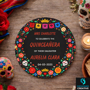 Black Mexican Fiesta Floral Gold Tiara Quinceañera Classic Round Sticker