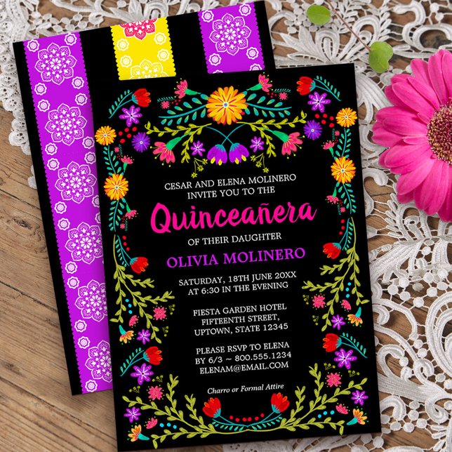 Black Mexican Fiesta Folk Art Floral Quinceanera Invitation (Quinceanera invitation from my Mexican Fiesta Floral collection
)