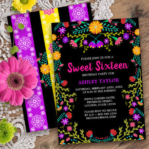 Black Mexican Fiesta Folk Art Floral Sweet Sixteen Invitation