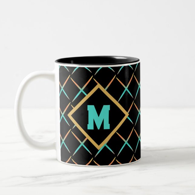 black mid century modern elegant script typography Two-Tone coffee mug (Left)