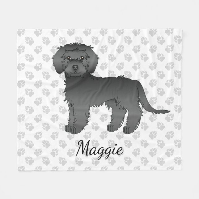 Black Mini Goldendoodle Cartoon Dog & Name Fleece Blanket (Front (Horizontal))
