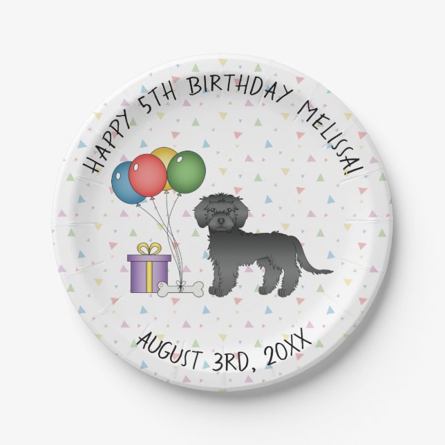 Black Mini Goldendoodle Cute Cartoon Dog Birthday Paper Plate (Front)