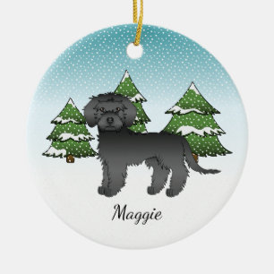 Black Mini Goldendoodle - Winter Forest & Name Ceramic Ornament